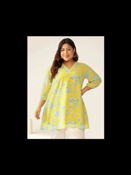 [Ready SG Stock] Plus Size Lime Yellow Georgette Floral Printed A-line Tunic [Indian Casual Dresses]