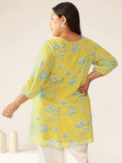 [Ready SG Stock] Plus Size Lime Yellow Georgette Floral Printed A-line Tunic [Indian Casual Dresses]