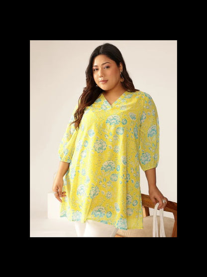 [Ready SG Stock] Plus Size Lime Yellow Georgette Floral Printed A-line Tunic [Indian Casual Dresses]