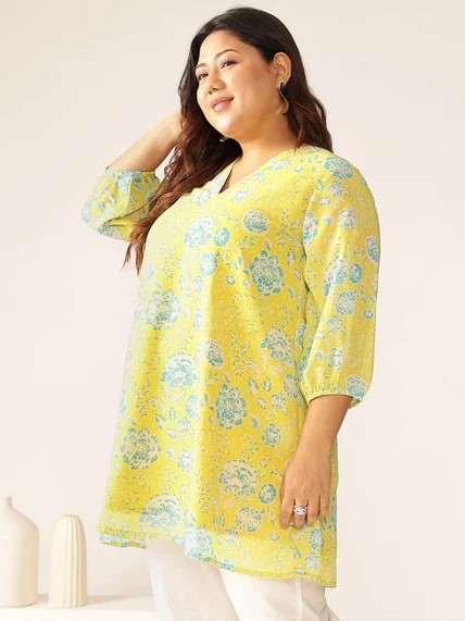 [Ready SG Stock] Plus Size Lime Yellow Georgette Floral Printed A-line Tunic [Indian Casual Dresses]
