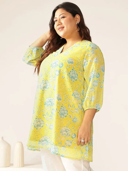 [Ready SG Stock] Plus Size Lime Yellow Georgette Floral Printed A-line Tunic [Indian Casual Dresses]