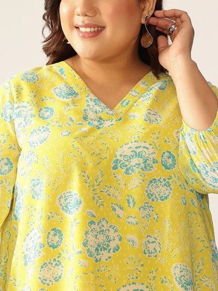 [Ready SG Stock] Plus Size Lime Yellow Georgette Floral Printed A-line Tunic [Indian Casual Dresses]
