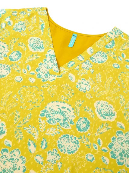 [Ready SG Stock] Plus Size Lime Yellow Georgette Floral Printed A-line Tunic [Indian Casual Dresses]