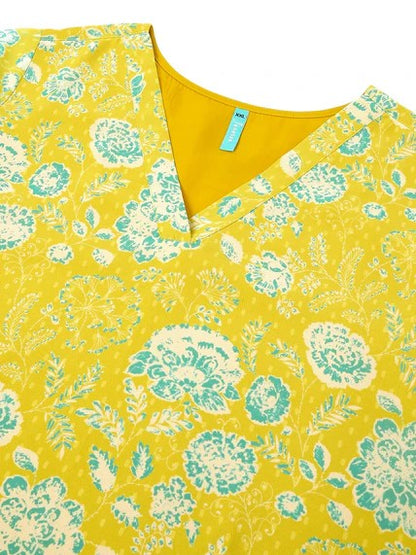[Ready SG Stock] Plus Size Lime Yellow Georgette Floral Printed A-line Tunic [Indian Casual Dresses]