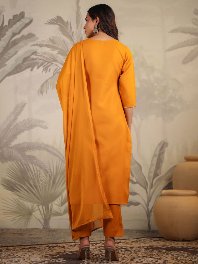 [ Ready SG Stock ] Mustard Cotton Blend Yoke Embroidered Straight Kurta Set Punjabi Suit with Dupatta [ Indian Dresses ]