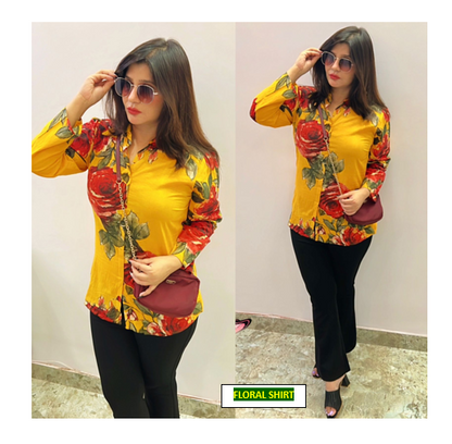 [Ready SG Stock] Fashion Print Women's Summer Cotton Silk Shirt Yellow [Indian Dresses]