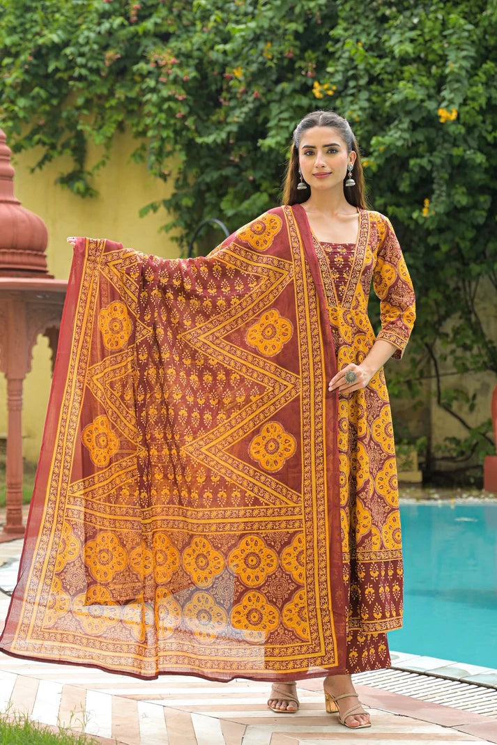 [Ready SG Stock] Mustard Yellow Printed Cotton Anarkali Kurta Pant With Dupatta Set [Indian Dresses]