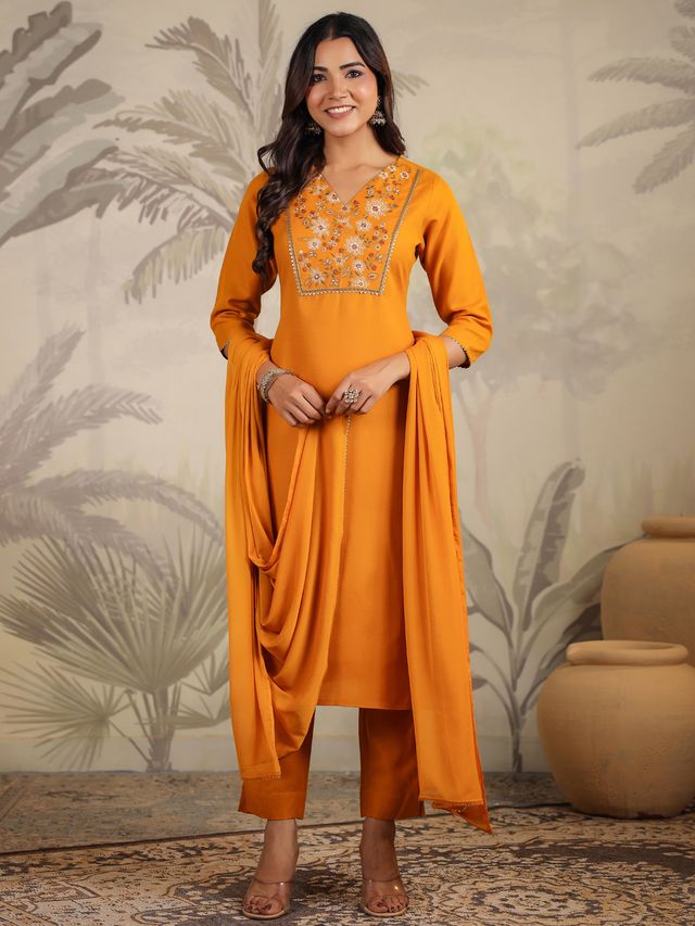 [ Ready SG Stock ] Mustard Cotton Blend Yoke Embroidered Straight Kurta Set Punjabi Suit with Dupatta [ Indian Dresses ]