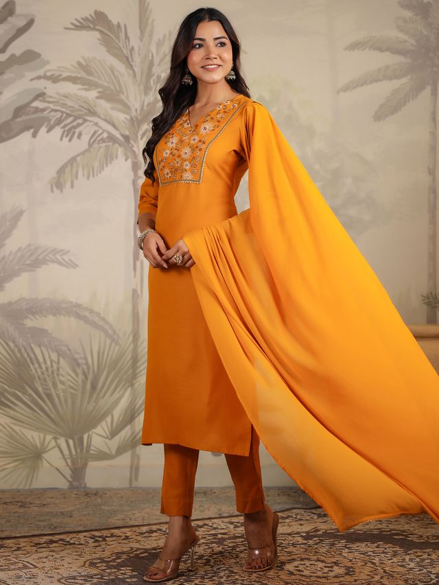[ Ready SG Stock ] Mustard Cotton Blend Yoke Embroidered Straight Kurta Set Punjabi Suit with Dupatta [ Indian Dresses ]