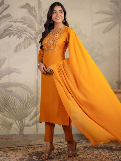 [ Ready SG Stock ] Mustard Cotton Blend Yoke Embroidered Straight Kurta Set Punjabi Suit with Dupatta [ Indian Dresses ]