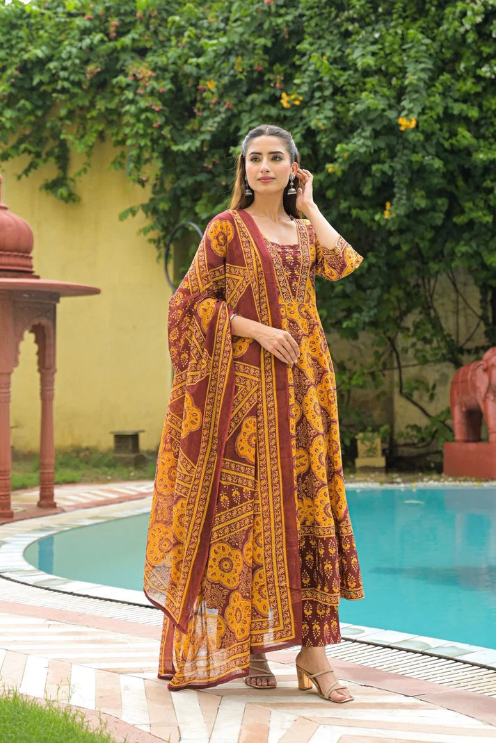 [Ready SG Stock] Mustard Yellow Printed Cotton Anarkali Kurta Pant With Dupatta Set [Indian Dresses]