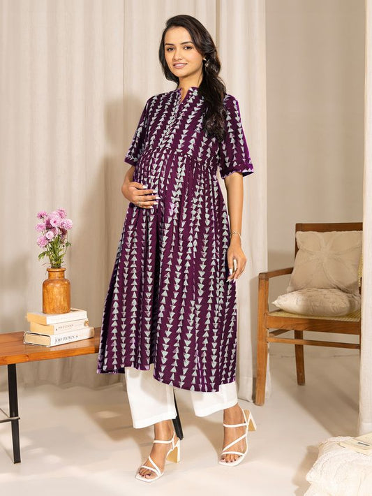 [Ready SG Stock] Wine \ Purple Pure Cotton Geometric Printed A-Line Maternity Only Kurta \Top - [Indian Dresses]