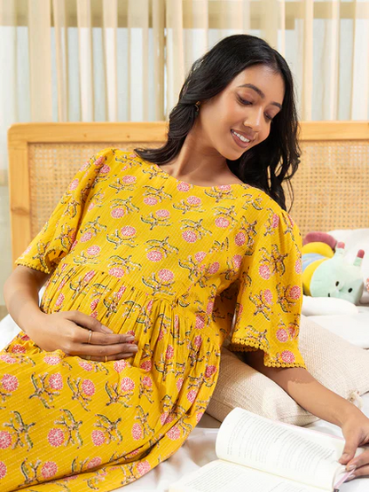 [Ready SG Stock] Women's  Maternity Wear Comfortable Yellow Cotton Floral Dress- Indian Dresses