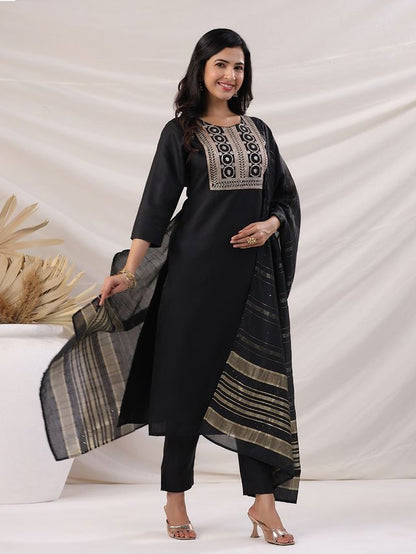 [ Ready SG Stock ] Black Cotton Blend Yoke Embroidered Straight Kurta Set Punjabi Suit with Dupatta [ Indian Dresses ]