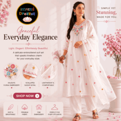 [Ready SG Stock] White Mul-Cotton Blend Soft Floral Embroidered 3 Pcs Punjabi Suit with Linings [Indian Dresses]