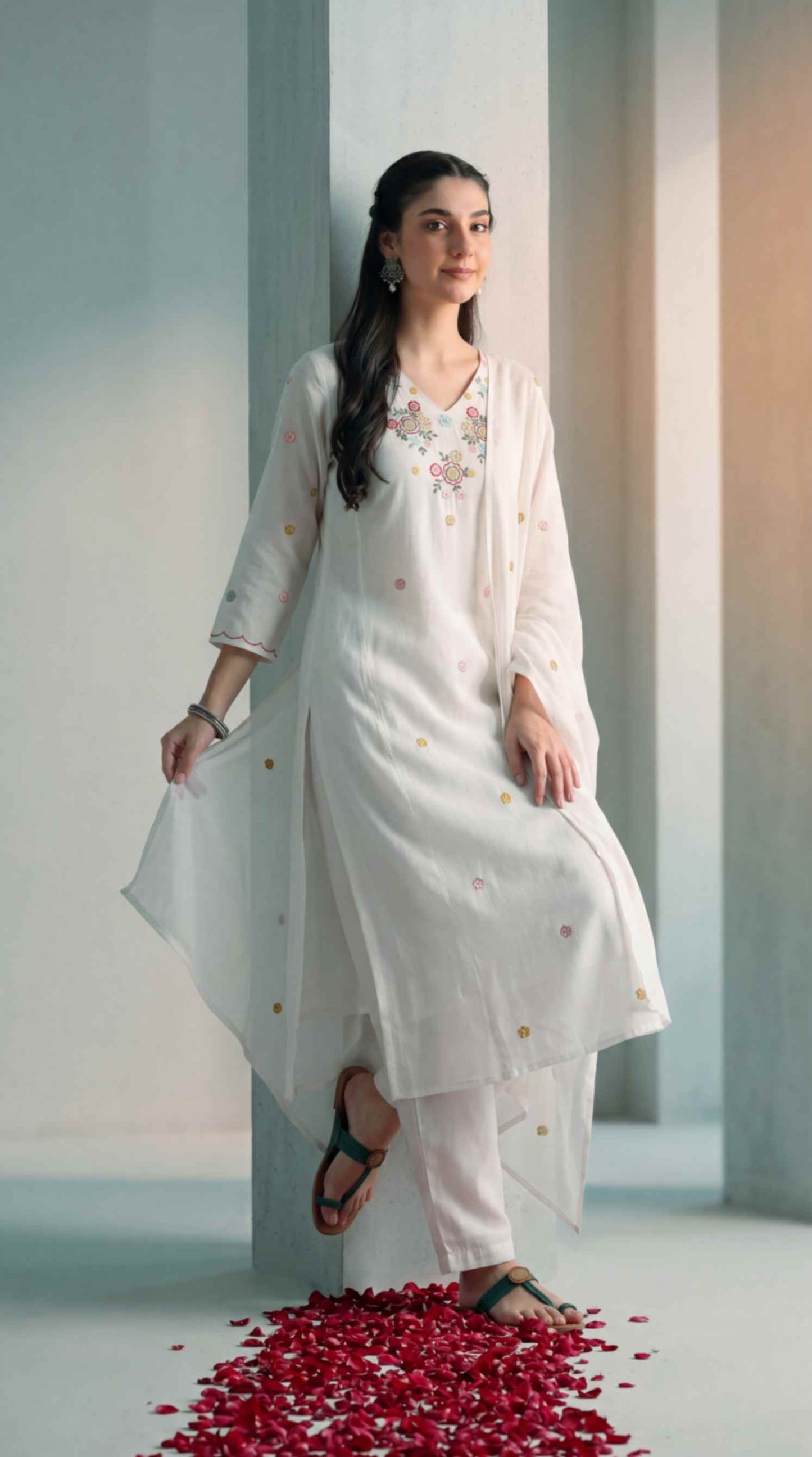 [Ready SG Stock] White Mul-Cotton Blend Soft Floral Embroidered 3 Pcs Punjabi Suit with Linings [Indian Dresses]