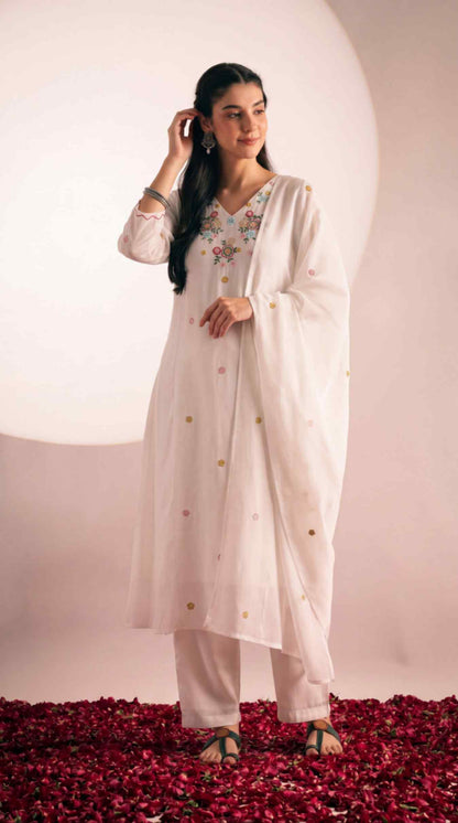 [Ready SG Stock] White Mul-Cotton Blend Soft Floral Embroidered 3 Pcs Punjabi Suit with Linings [Indian Dresses]