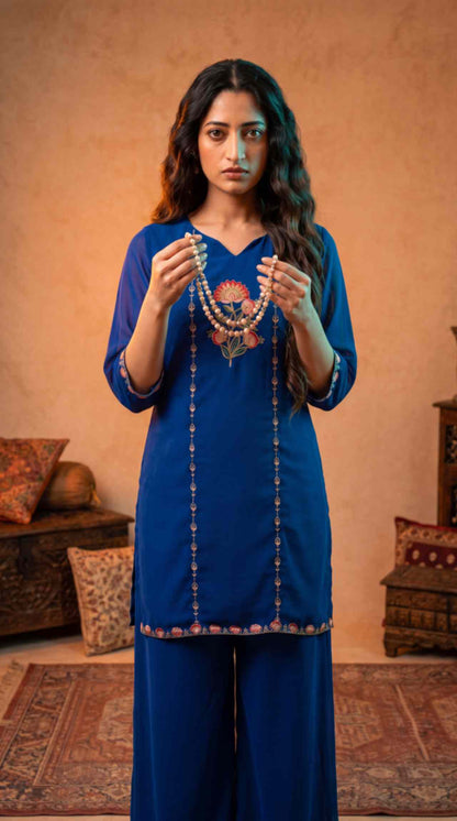 [Ready SG Stock] Royal Blue Subtle Embroidered Georgette Kurta Palazzo / Co-Ord Set with Linings [ Indian Dresses ]