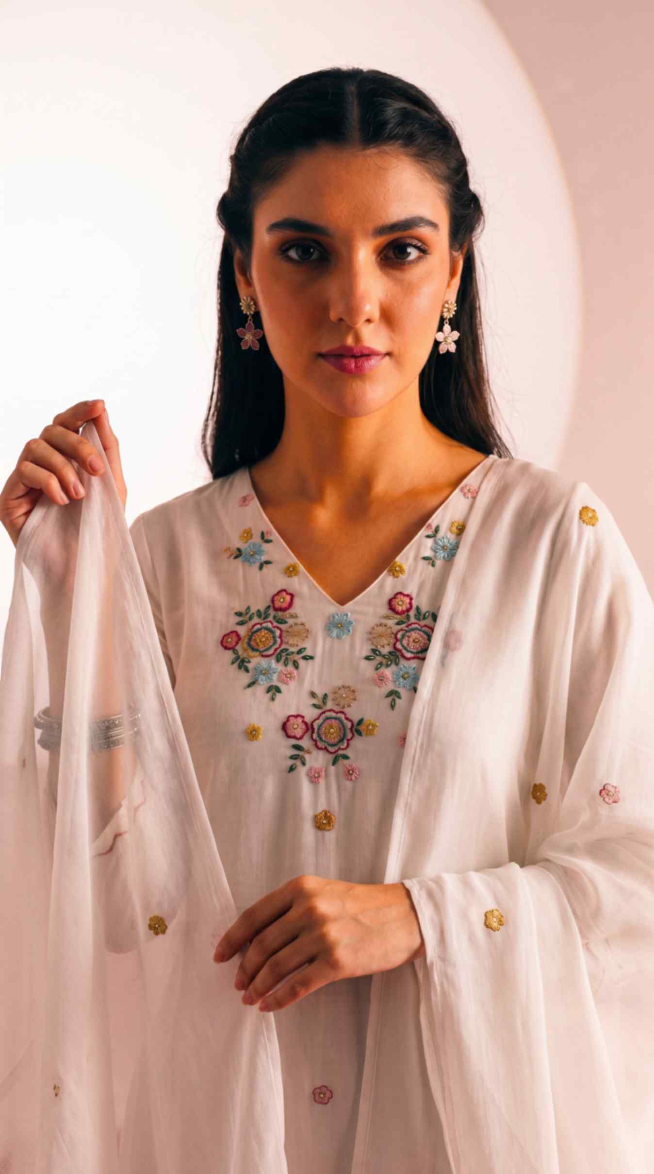 [Ready SG Stock] White Mul-Cotton Blend Soft Floral Embroidered 3 Pcs Punjabi Suit with Linings [Indian Dresses]