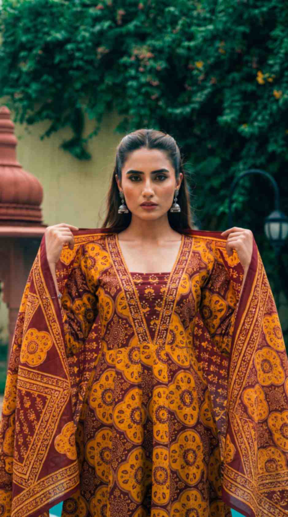 [Ready SG Stock] Mustard Yellow Printed Cotton Anarkali Kurta Pant With Dupatta Set [Indian Dresses]