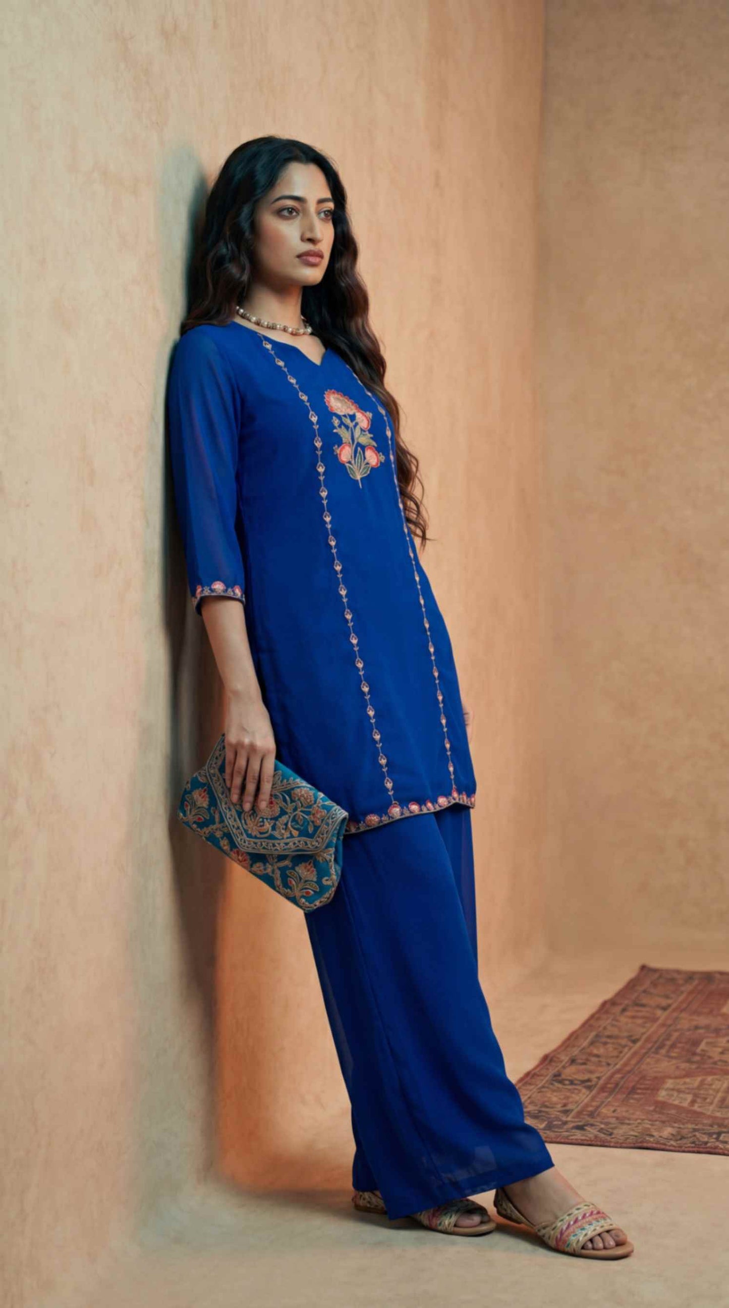 [Ready SG Stock] Royal Blue Subtle Embroidered Georgette Kurta Palazzo / Co-Ord Set with Linings [ Indian Dresses ]