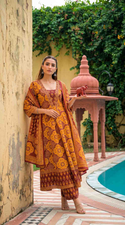 [Ready SG Stock] Mustard Yellow Printed Cotton Anarkali Kurta Pant With Dupatta Set [Indian Dresses]
