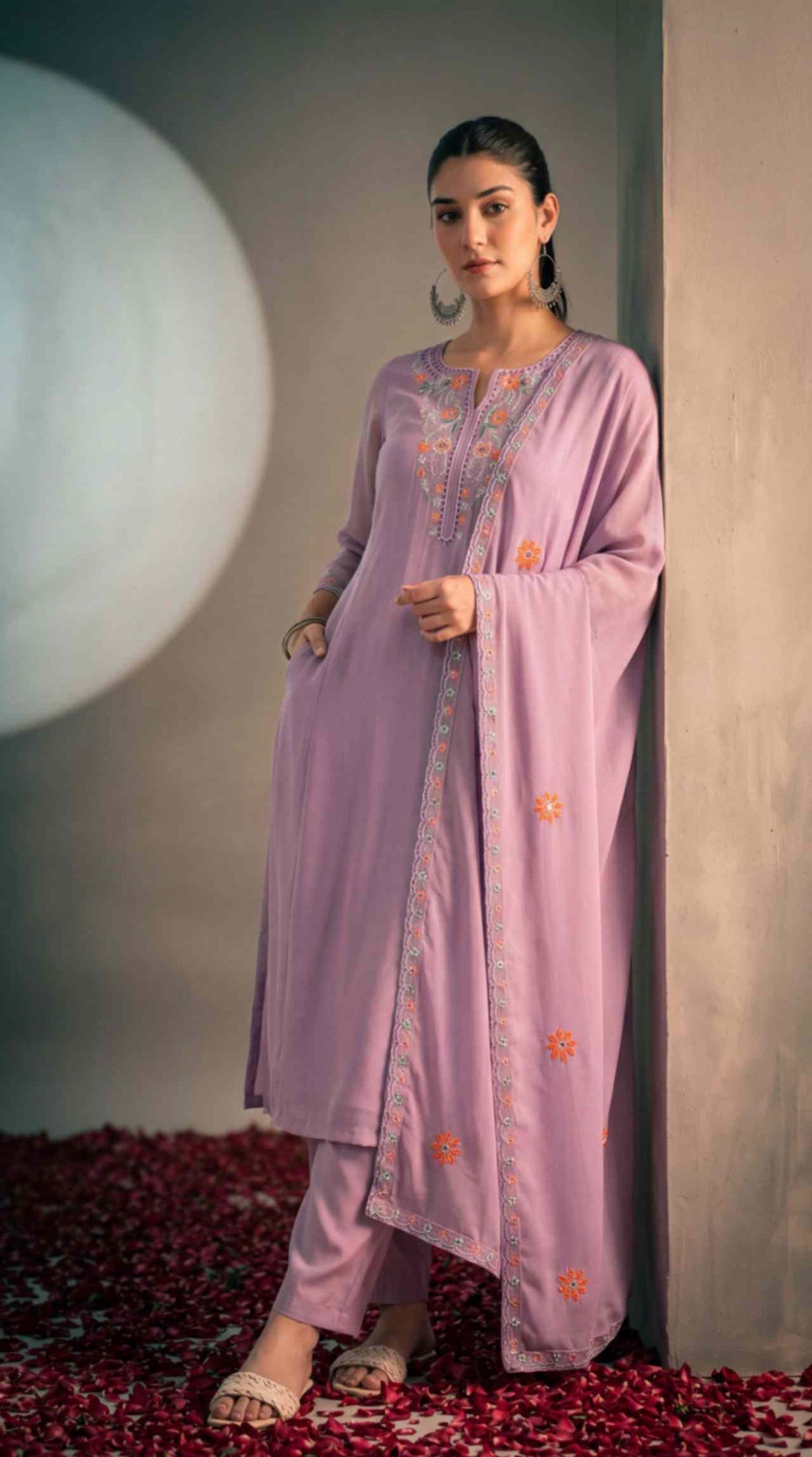 [Ready SG Stock] Pastel Lavender Mul Chanderi Embroidered 3 Pcs Punjabi Suit with Linings [Indian Dresses]