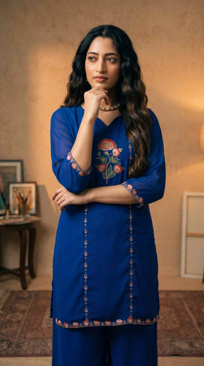 [Ready SG Stock] Royal Blue Subtle Embroidered Georgette Kurta Palazzo / Co-Ord Set with Linings [ Indian Dresses ]
