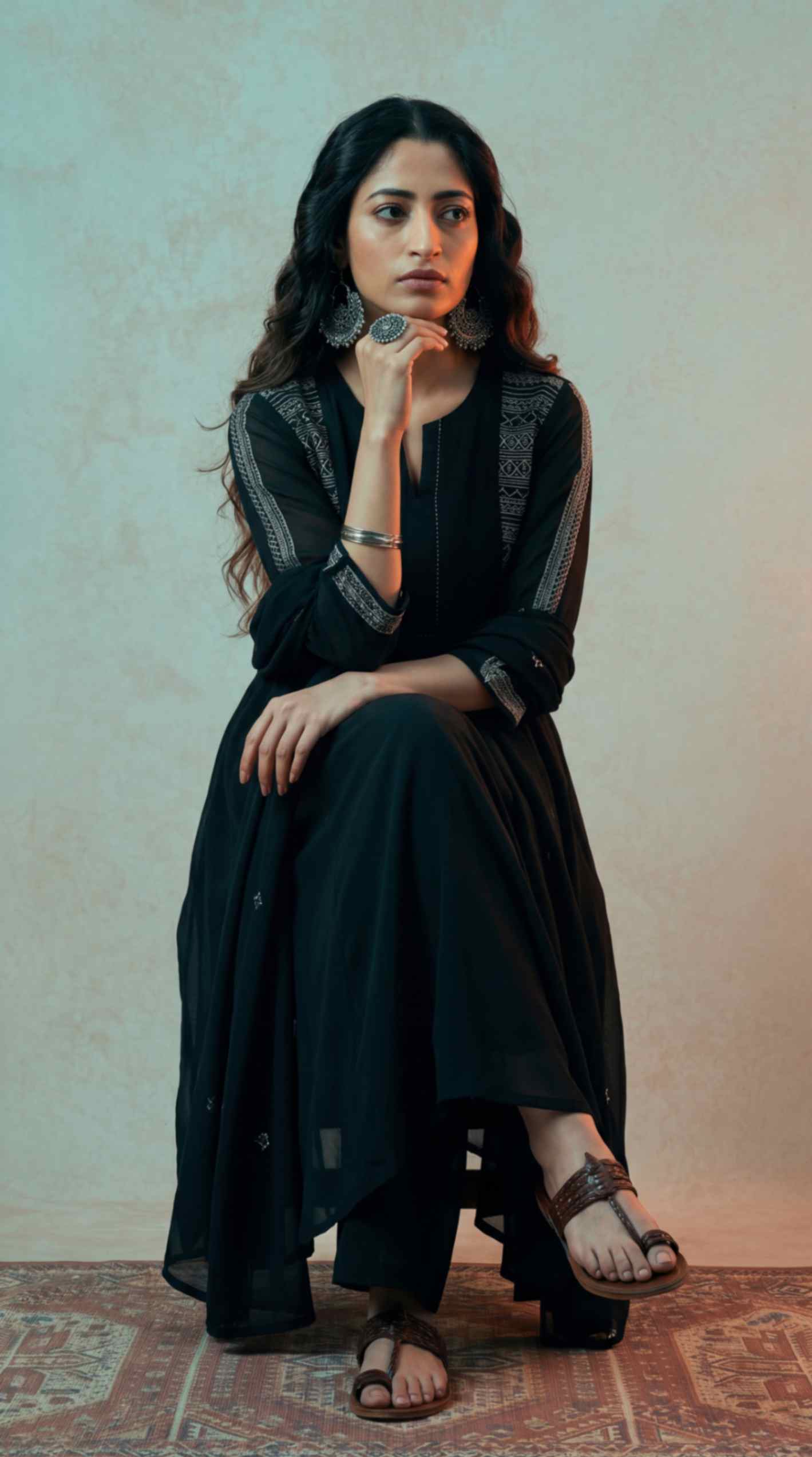 [Ready SG Stock] Black Mul Chanderi Embroidered Anarkali Kurta Pant With Dupatta [Indian Dresses]