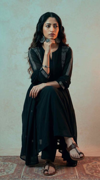 [Ready SG Stock] Black Mul Chanderi Embroidered Anarkali Kurta Pant With Dupatta [Indian Dresses]