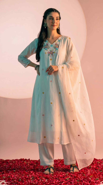 [Ready SG Stock] White Mul-Cotton Blend Soft Floral Embroidered 3 Pcs Punjabi Suit with Linings [Indian Dresses]