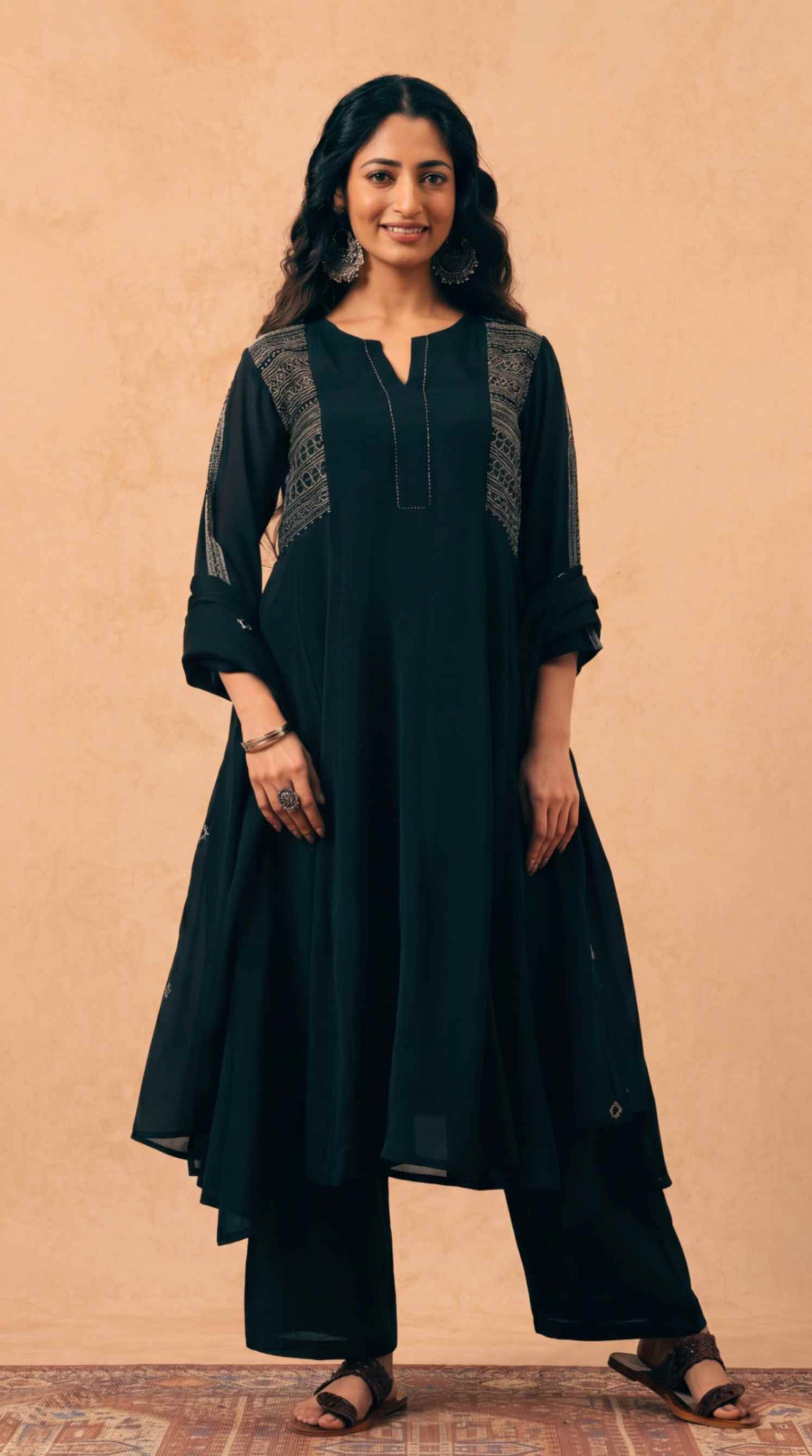 [Ready SG Stock] Black Mul Chanderi Embroidered Anarkali Kurta Pant With Dupatta [Indian Dresses]