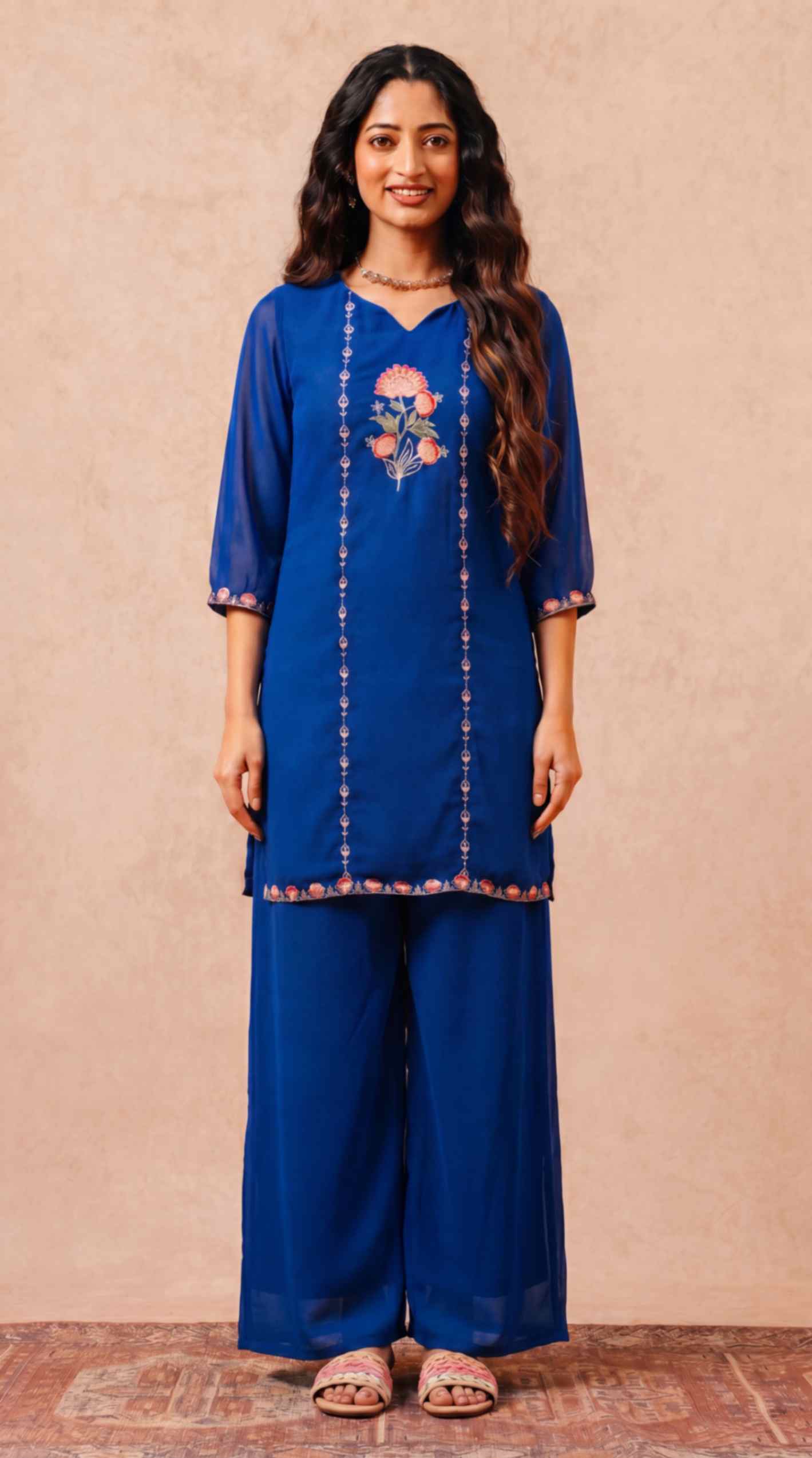 [Ready SG Stock] Royal Blue Subtle Embroidered Georgette Kurta Palazzo / Co-Ord Set with Linings [ Indian Dresses ]
