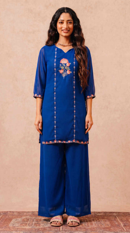 [Ready SG Stock] Royal Blue Subtle Embroidered Georgette Kurta Palazzo / Co-Ord Set with Linings [ Indian Dresses ]