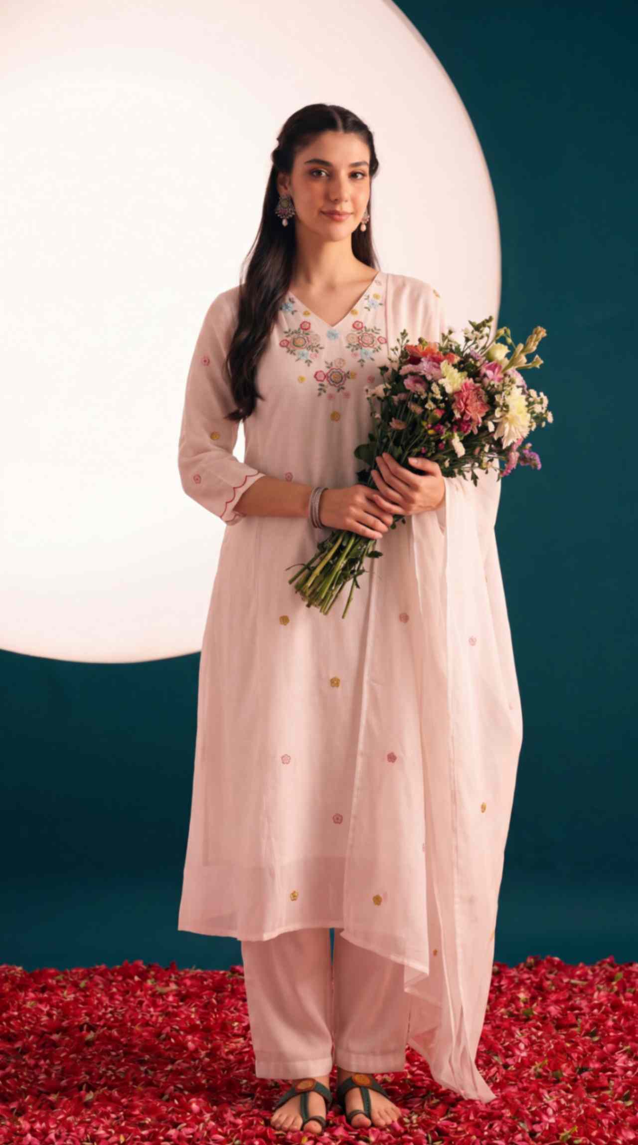 [Ready SG Stock] White Mul-Cotton Blend Soft Floral Embroidered 3 Pcs Punjabi Suit with Linings [Indian Dresses]
