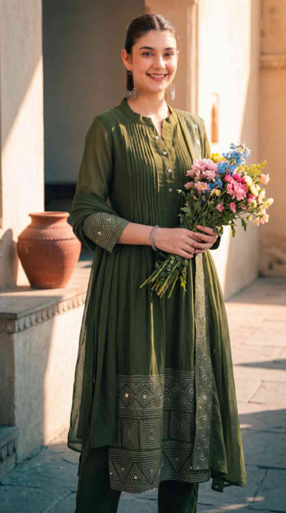 [Ready SG Stock] Olive Green Mul Chanderi Embroidered 3 Pcs Punjabi Suit with Linings [Indian Dresses]