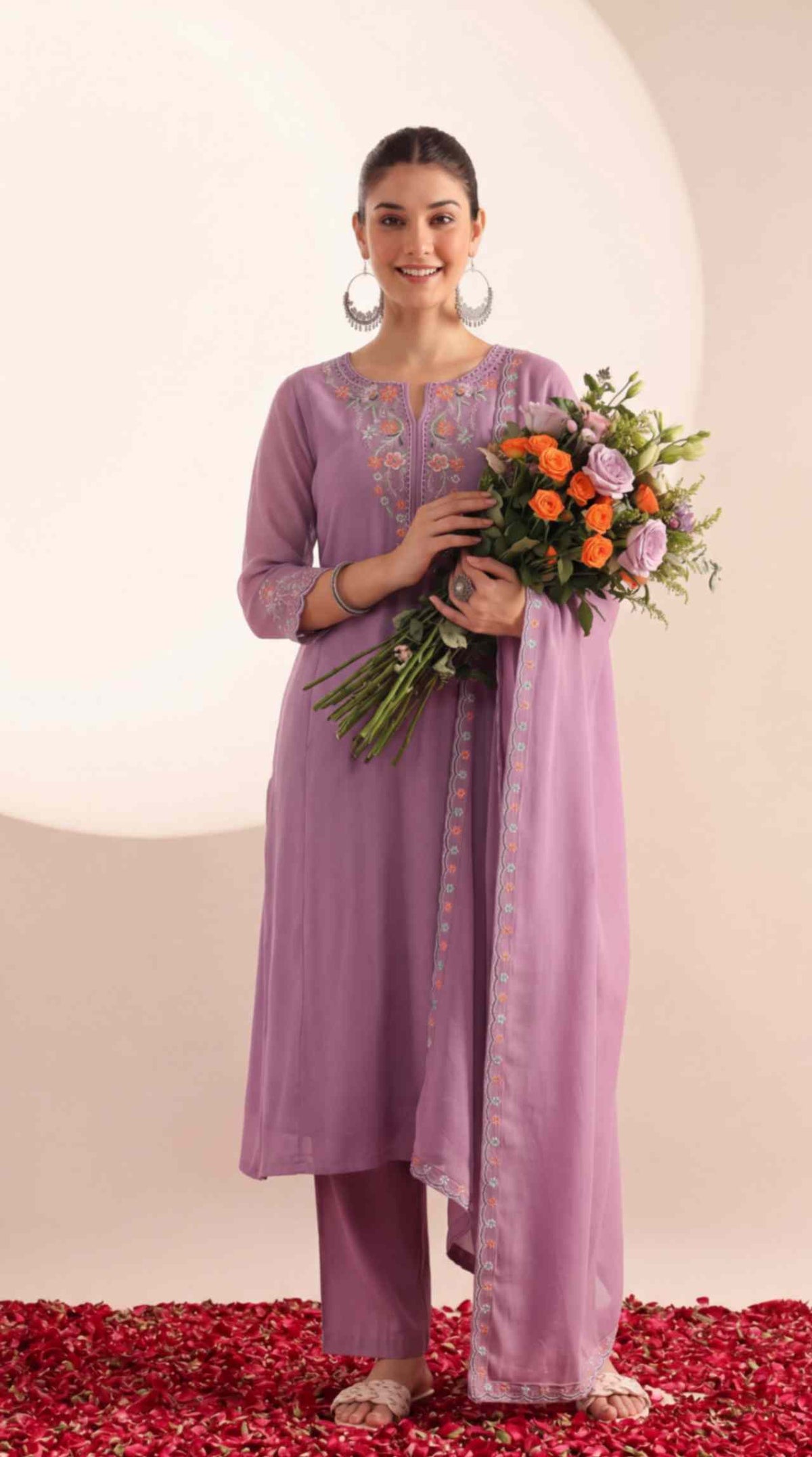 [Ready SG Stock] Pastel Lavender Mul Chanderi Embroidered 3 Pcs Punjabi Suit with Linings [Indian Dresses]