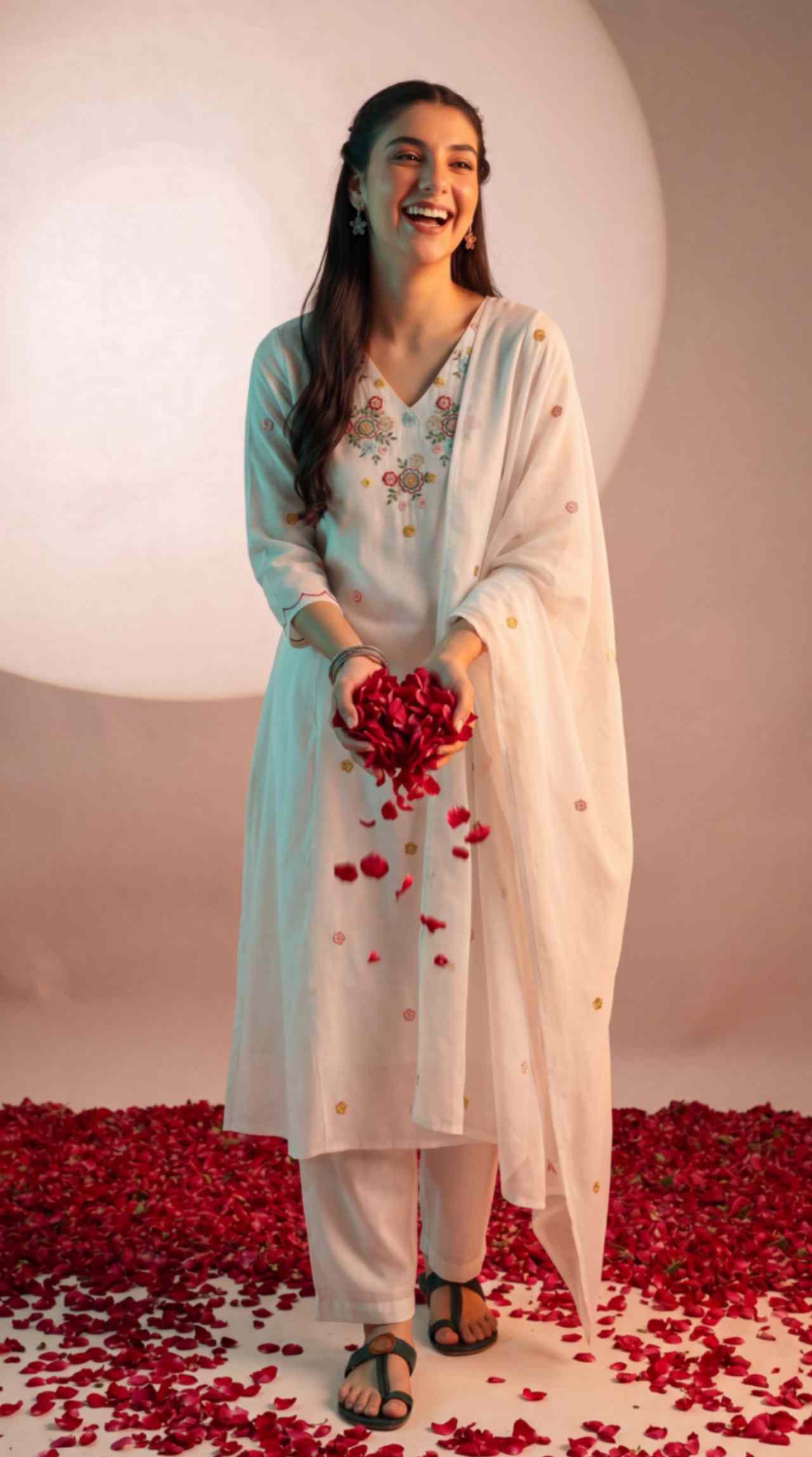 [Ready SG Stock] White Mul-Cotton Blend Soft Floral Embroidered 3 Pcs Punjabi Suit with Linings [Indian Dresses]