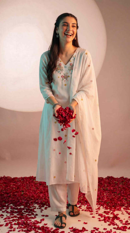 [Ready SG Stock] White Mul-Cotton Blend Soft Floral Embroidered 3 Pcs Punjabi Suit with Linings [Indian Dresses]