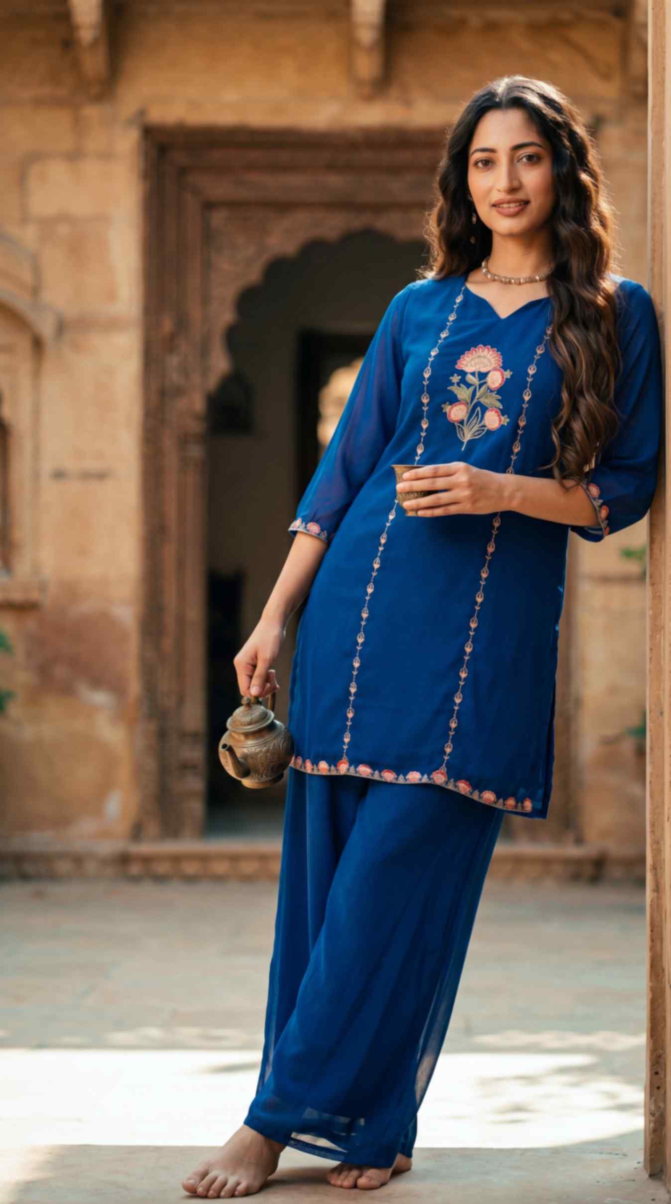 [Ready SG Stock] Royal Blue Subtle Embroidered Georgette Kurta Palazzo / Co-Ord Set with Linings [ Indian Dresses ]