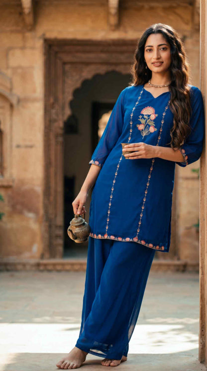 [Ready SG Stock] Royal Blue Subtle Embroidered Georgette Kurta Palazzo / Co-Ord Set with Linings [ Indian Dresses ]