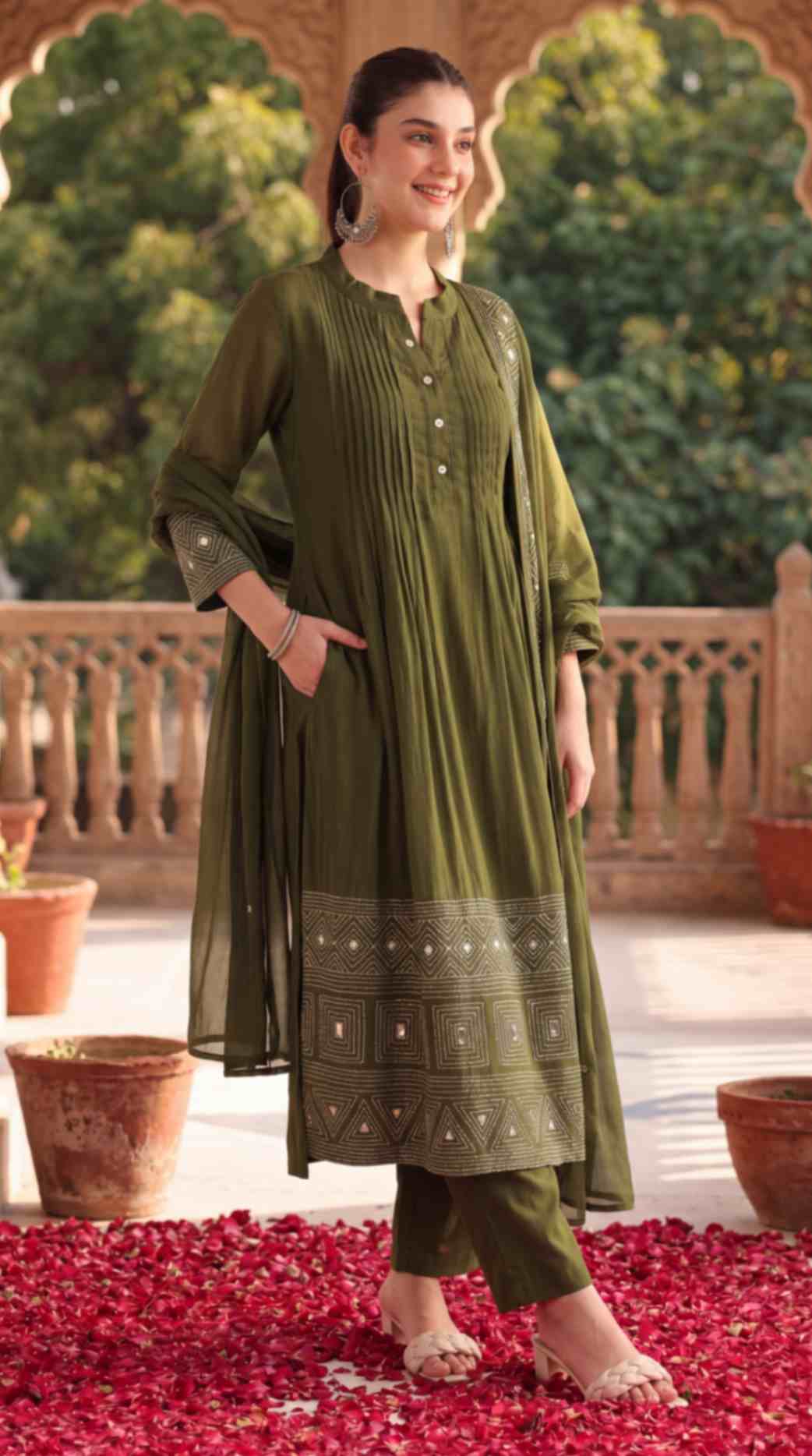 [Ready SG Stock] Olive Green Mul Chanderi Embroidered 3 Pcs Punjabi Suit with Linings [Indian Dresses]