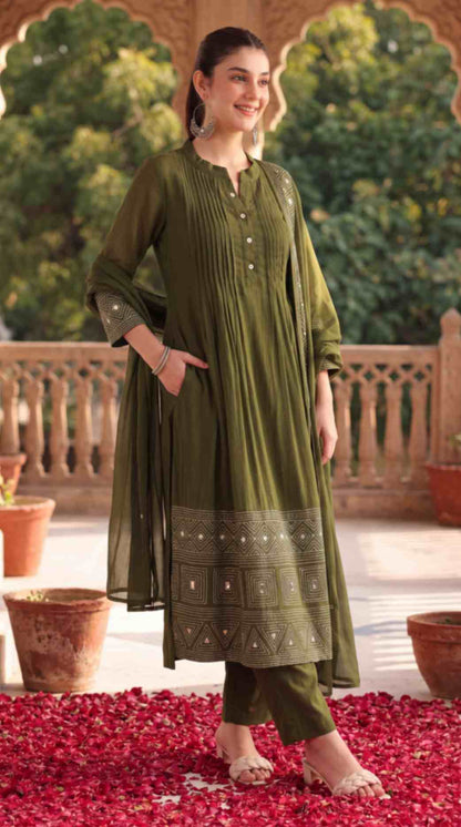 [Ready SG Stock] Olive Green Mul Chanderi Embroidered 3 Pcs Punjabi Suit with Linings [Indian Dresses]