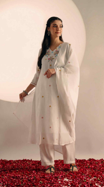 [Ready SG Stock] White Mul-Cotton Blend Soft Floral Embroidered 3 Pcs Punjabi Suit with Linings [Indian Dresses]