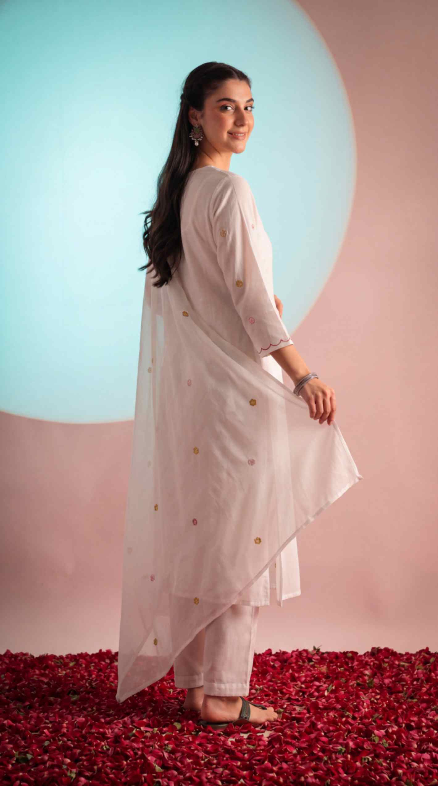 [Ready SG Stock] White Mul-Cotton Blend Soft Floral Embroidered 3 Pcs Punjabi Suit with Linings [Indian Dresses]