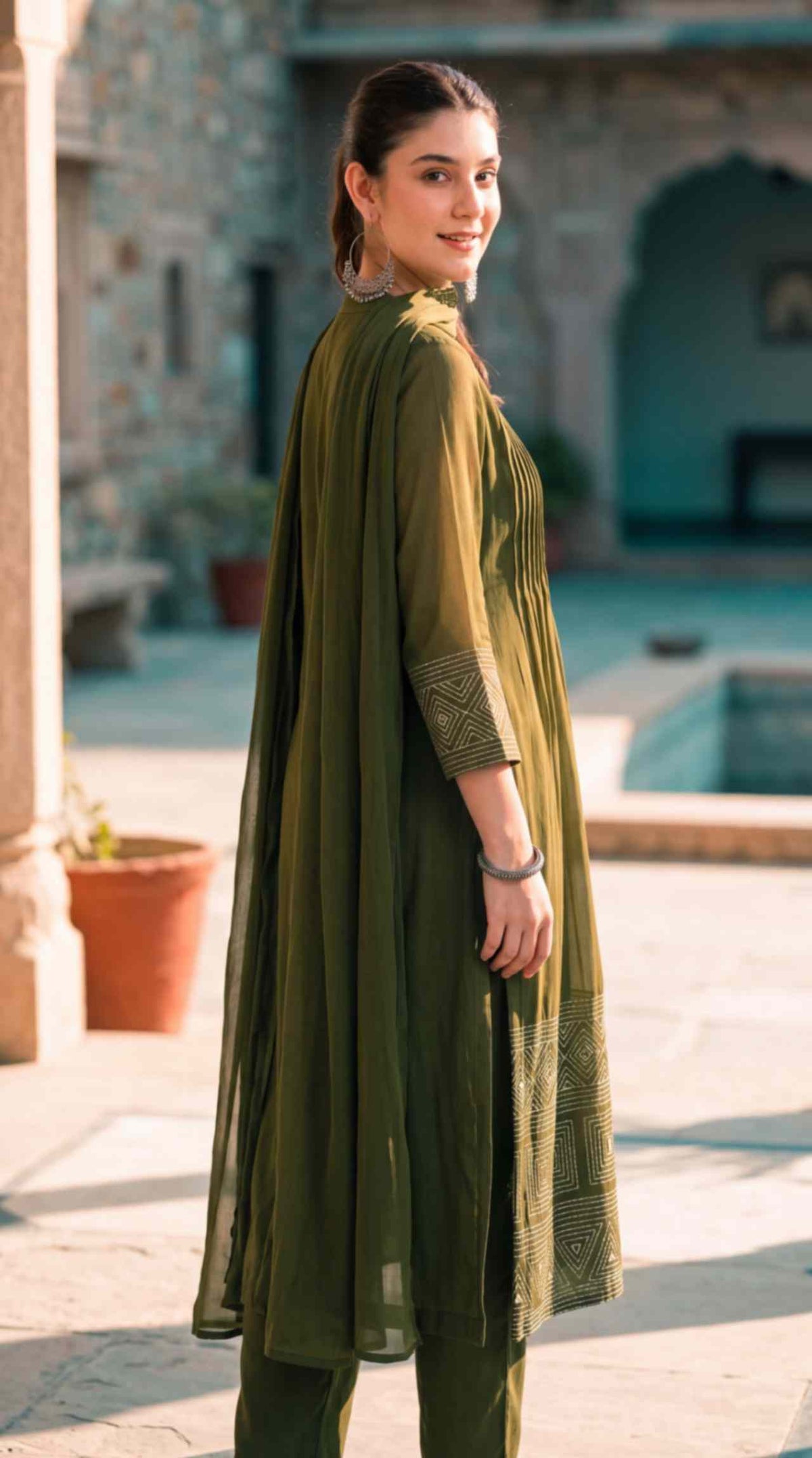 [Ready SG Stock] Olive Green Mul Chanderi Embroidered 3 Pcs Punjabi Suit with Linings [Indian Dresses]
