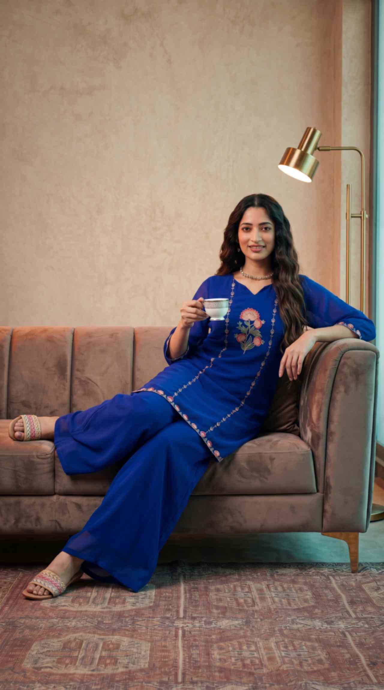[Ready SG Stock] Royal Blue Subtle Embroidered Georgette Kurta Palazzo / Co-Ord Set with Linings [ Indian Dresses ]