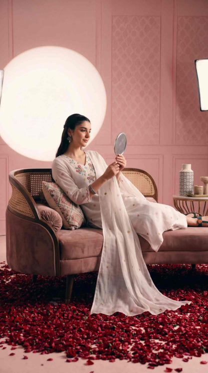 [Ready SG Stock] White Mul-Cotton Blend Soft Floral Embroidered 3 Pcs Punjabi Suit with Linings [Indian Dresses]