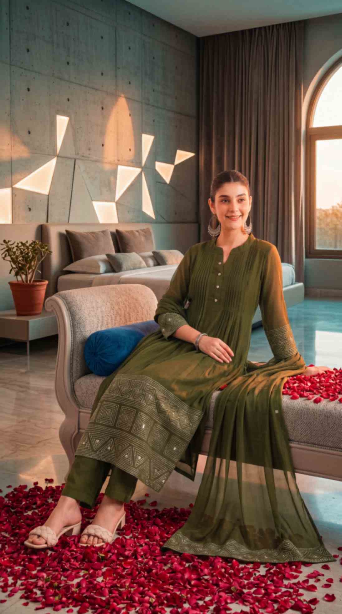 [Ready SG Stock] Olive Green Mul Chanderi Embroidered 3 Pcs Punjabi Suit with Linings [Indian Dresses]