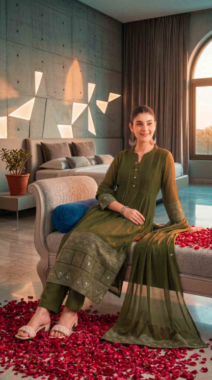 [Ready SG Stock] Olive Green Mul Chanderi Embroidered 3 Pcs Punjabi Suit with Linings [Indian Dresses]
